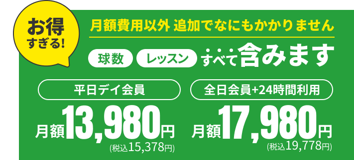 月額費用以外追加でなにもかかりません。球数・レッスンすべて含みます。